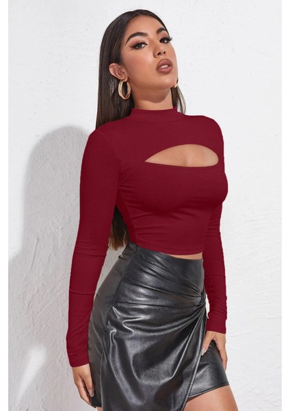 Özel Kadın Bordo Göğüs Dekolteli Uzun Kollu Cut Out Crop Top Bluz Fırsat!!!