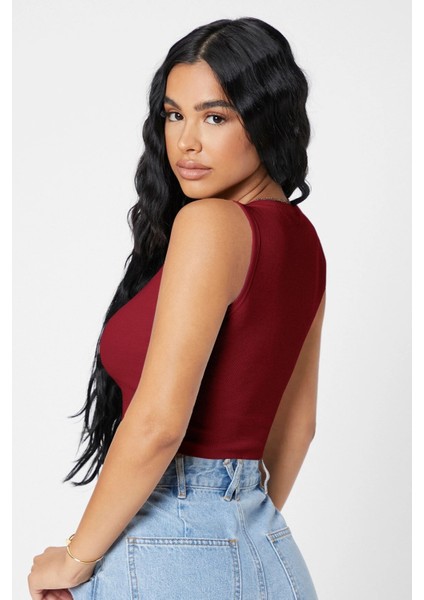 Özel Kadın Bordo Kare Yaka Crop Top Bluz Fırsat!!!