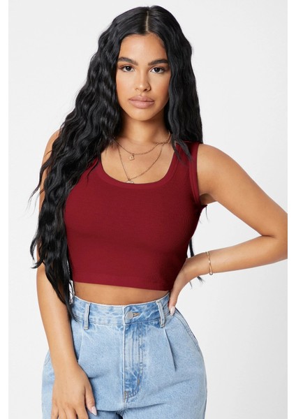 Özel Kadın Bordo Kare Yaka Crop Top Bluz Fırsat!!!