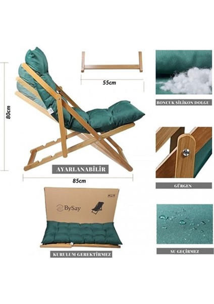 Ahşap Katlanabilir Taşınır Puf Minderli Plaj, Bahçe, Balkon Şezlong Krem
