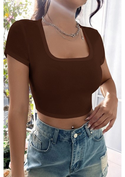 Özel Kadın Kahverengi Yarım Kol Düz Yaka Crop Top Bluz Fırsat!!!