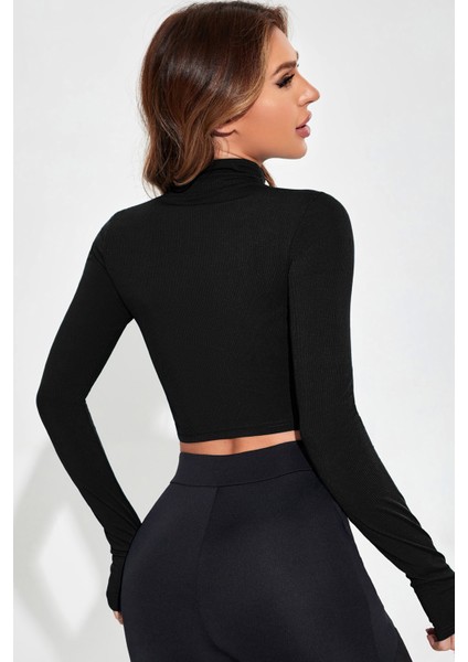 Özel Kadın Siyah Uzun Kol Fermuarlı Parmak Geçme Detaylı Dik Yaka Crop Top Bluz Fırsat!!!