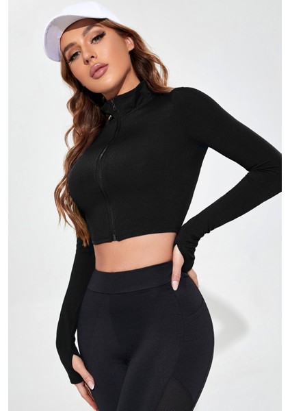Özel Kadın Siyah Uzun Kol Fermuarlı Parmak Geçme Detaylı Dik Yaka Crop Top Bluz Fırsat!!!