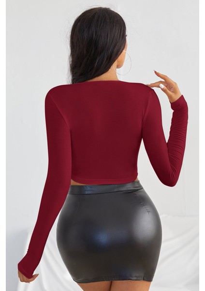 Özel Kadın Bordo Uzun Kol Kare Yaka Crop Top Bluz Fırsat!!!