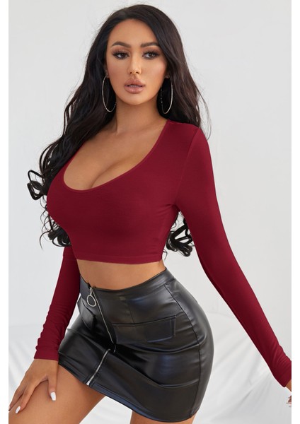 Özel Kadın Bordo Uzun Kol Kare Yaka Crop Top Bluz Fırsat!!!