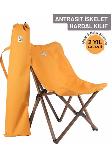 Ahşap Katlanır Kamp ve Bahçe Sandalyesi - Antrasit Iskelet - Hardal Kılıf
