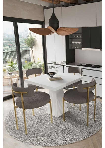 Arona Beyaz Lake Mdf Ayak 90X90 Yemek Masası Mutfak Masası 4 Kişilik Masa Takımı Teddy Sandalye