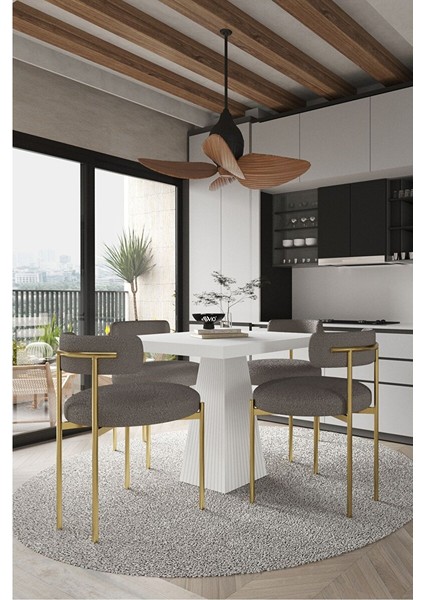 Arona Beyaz Lake Mdf Ayak 90X90 Yemek Masası Mutfak Masası 4 Kişilik Masa Takımı Teddy Sandalye
