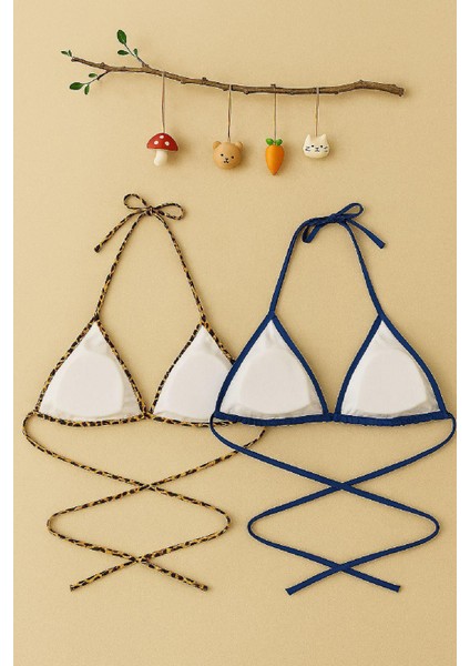 Özel Kadın Leopar Desenli ve Mavi Minimal Kesim Üçgen Bikini Üstü Fırsat!!! fırsatları