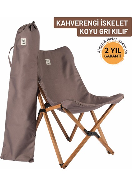 Ahşap Katlanır Kamp & Bahçe Sandalyesi – Kahverengi Iskelet - Koyu Gri Kılıf