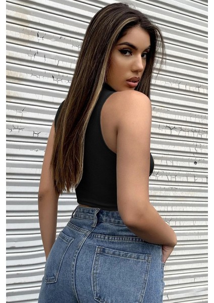 Özel Kadın Siyah Yarım Fermuarlı Sıfır Kol Crop Top Bluz Fırsat!!!