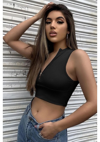 Özel Kadın Siyah Yarım Fermuarlı Sıfır Kol Crop Top Bluz Fırsat!!!