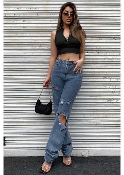 Özel Kadın Siyah Yarım Fermuarlı Sıfır Kol Crop Top Bluz Fırsat!!!