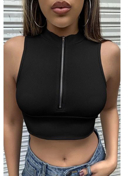 Özel Kadın Siyah Yarım Fermuarlı Sıfır Kol Crop Top Bluz Fırsat!!!