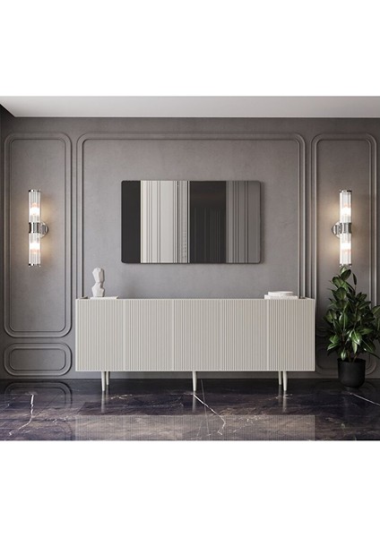 Capella Mdf 5 Kapaklı Raflı Ahşap Ayaklı 200 cm Konsol (200X80X40 Cm) Kumtaşı