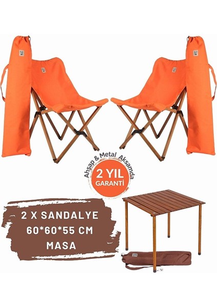 Ahşap Katlanır Masa Sandalye Seti Kahverengi Iskelet Turuncu Kılıf -60X60X55 Masa