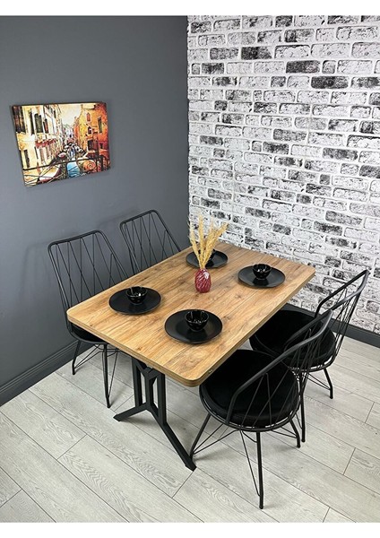 Handan Ceviz Mutfak Yemek Masası Balkon Masası Kavisli Köşe Metal Siyah Ayak 110*70 cm Ceviz