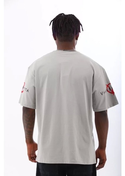 Unisex Oversize Baskılı Bisiklet Yaka T-Shirt - Gri fırsatları