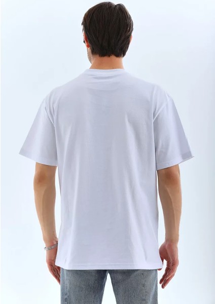 Unisex Oversize Taşlı Bisiklet Yaka T-Shirt - Beyaz fiyatları
