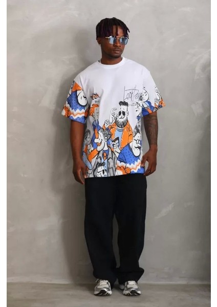 Unisex Oversize Baskılı Bisiklet Yaka T-Shirt - Beyaz