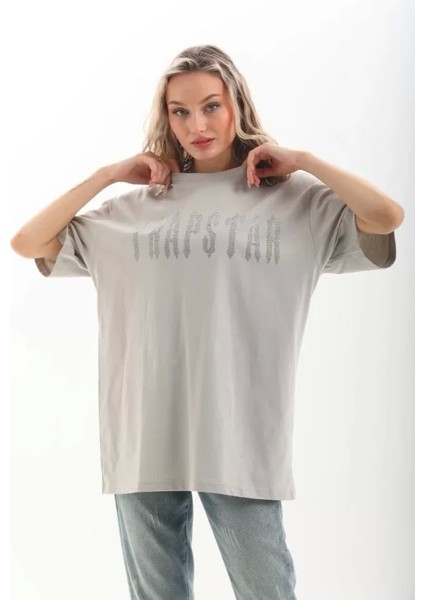 Unisex Taş Desenli Oversize T-Shirt - Gri modelleri