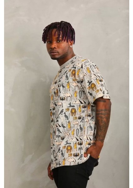 Unisex Oversize Baskılı Bisiklet Yaka T-Shirt - Gri fırsatları