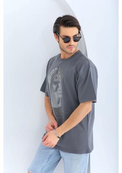 Unisex Oversize Taşlı Bisiklet Yaka T-Shirt - Füme fırsatları