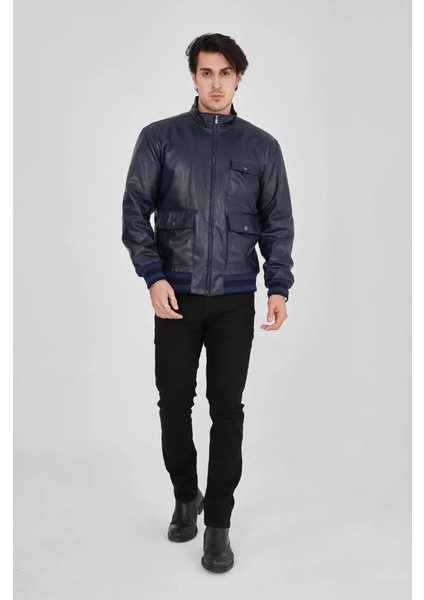 Erkek Fermuarlı Içten Elyaf ve Astarlı Suni Deri Ceket - Lacivert