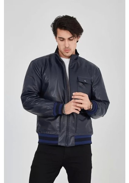 Erkek Fermuarlı Içten Elyaf ve Astarlı Suni Deri Ceket - Lacivert modelleri