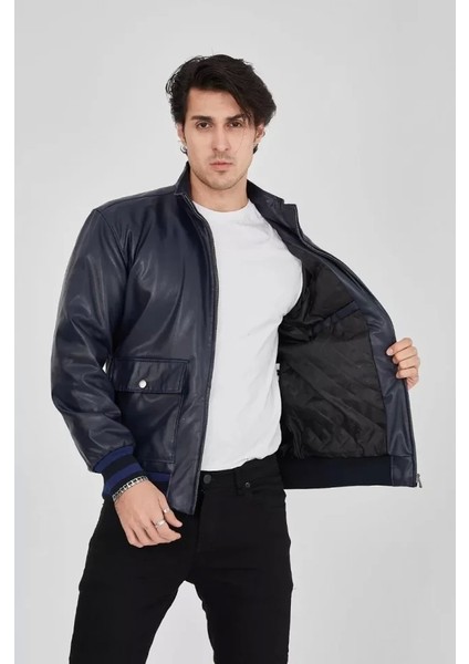 Erkek Fermuarlı Içten Elyaf ve Astarlı Suni Deri Ceket - Lacivert fırsatları