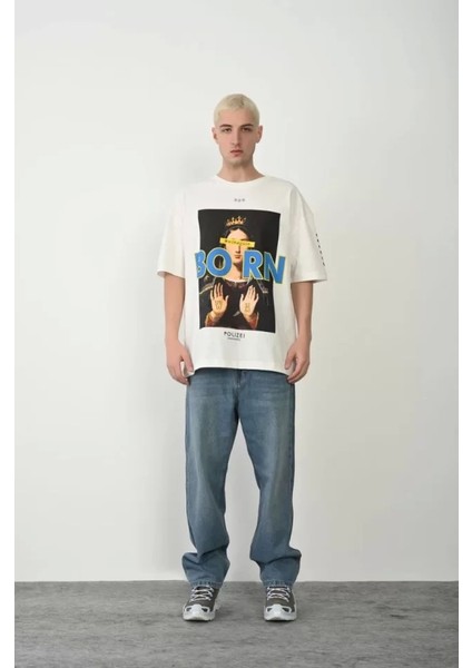 Unisex Baskılı Bisiklet Yaka Oversize T-Shirt - Beyaz modelleri
