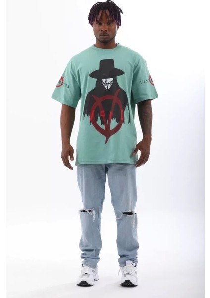 Unisex Oversize Baskılı Bisiklet Yaka T-Shirt - Mint Yeşili