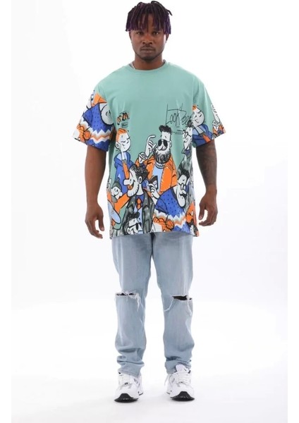 Unisex Oversize Baskılı Bisiklet Yaka T-Shirt - Mint Yeşili