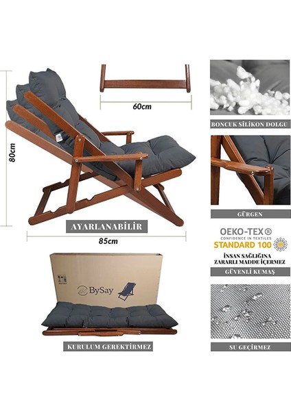 Puf Minderli Ahşap Kademeli Şezlong Bahçe&balkon&teras&plaj Katlanır Şezlong Ceviz Antrasit