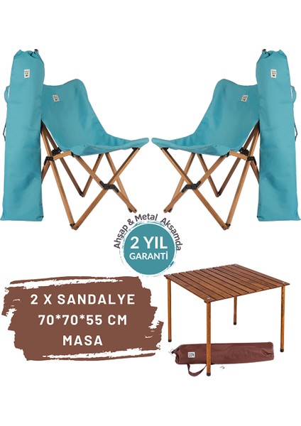Ahşap Katlanır Masa Sandalye Seti Kahverengi Iskelet Turkuaz Kılıf, 70X70X55 Masa