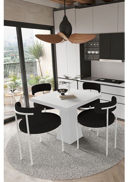 Mi̇lena Beyaz Lake Mdf Ayak 90X90 Yemek Masası Mutfak Masası 4 Kişilik Masa Takımı Teddy Sandalye