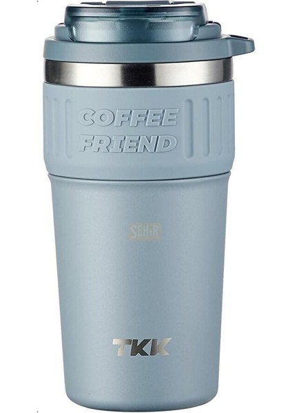 Tkk Yeni Koleksiyon 630ML Pipetli / Pipetsiz Kullanım Askılı Paslanmaz Çelik Termos Kahve Mug Matara Mavi