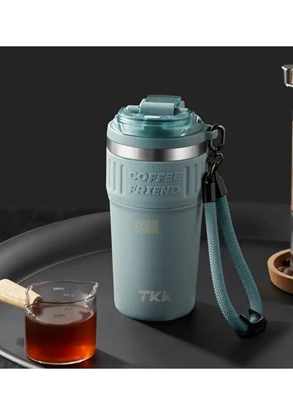 Tkk Yeni Koleksiyon 630ML Pipetli / Pipetsiz Kullanım Askılı Paslanmaz Çelik Termos Kahve Mug Matara Mavi fiyatları