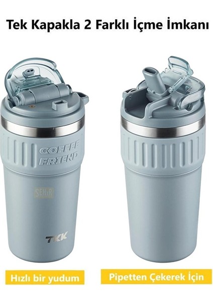 Tkk Yeni Koleksiyon 630ML Pipetli / Pipetsiz Kullanım Askılı Paslanmaz Çelik Termos Kahve Mug Matara Mavi fırsatları