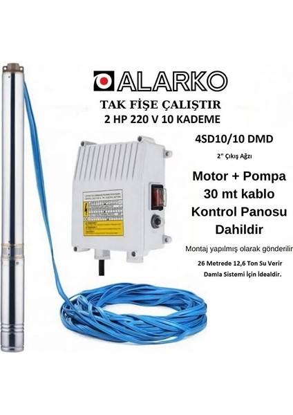 2 Hp 10 Kademe Derin Kuyu Dalgıç POMPA(30MT Kablolu ve Pano Dahil)Montaja Hazır Tak Çalıştır