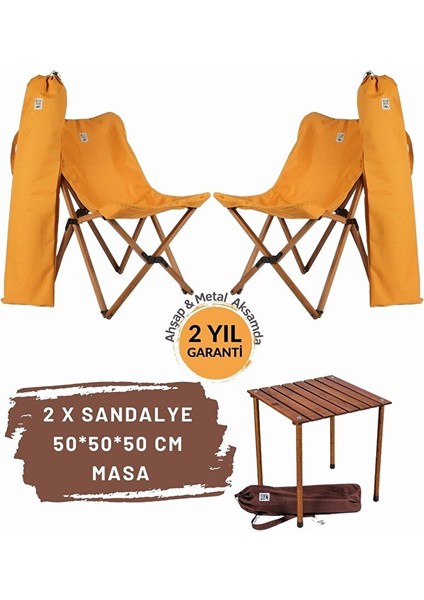 Ahşap Katlanır Masa Sandalye Seti Kahverengi Iskelet Hardal Kılıf -50X50X50 Masa