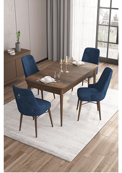 Are Serisi, Mdf 80X132 Açılabilir Barok Ahşap Desen Mutfak Masa Takımı, 4 Sandalye Gümüş Halkalı Lacivert