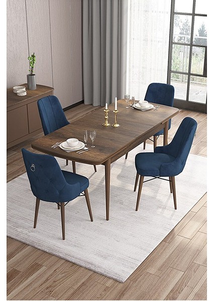 Are Serisi, Mdf 80X132 Açılabilir Barok Ahşap Desen Mutfak Masa Takımı, 4 Sandalye Gümüş Halkalı Lacivert fiyatları