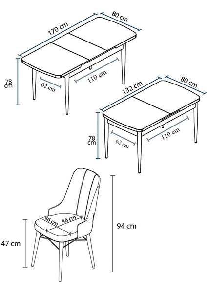 Are Serisi, Mdf 80X132 Açılabilir Barok Ahşap Desen Mutfak Masa Takımı, 4 Sandalye Gümüş Halkalı Lacivert indirimleri