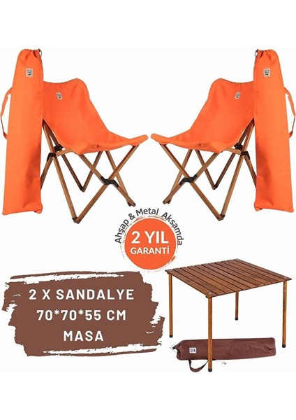 Ahşap Katlanır Masa Sandalye Seti Kahverengi Iskelet Turuncu Kılıf -70X70X55 Masa
