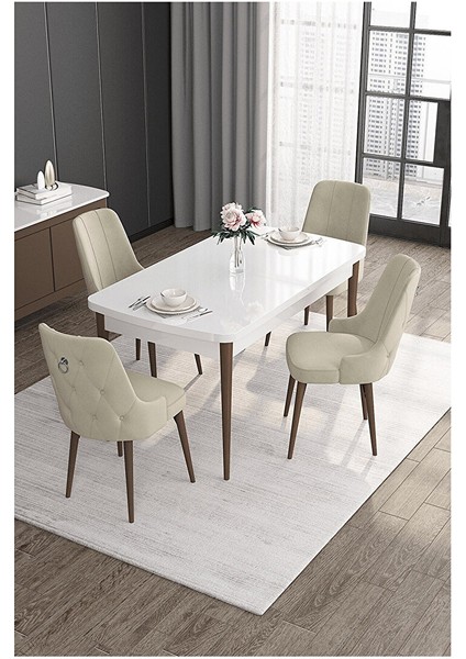 Noa Serisi,beyaz Masa Ceviz Ayak Mdf 80X132 Açılabilir Yemek Odası Takımı,4 Sandalye Gümüş Halkalı Krem