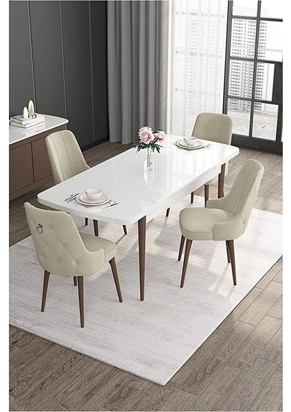 Noa Serisi,beyaz Masa Ceviz Ayak Mdf 80X132 Açılabilir Yemek Odası Takımı,4 Sandalye Gümüş Halkalı Krem fiyatları