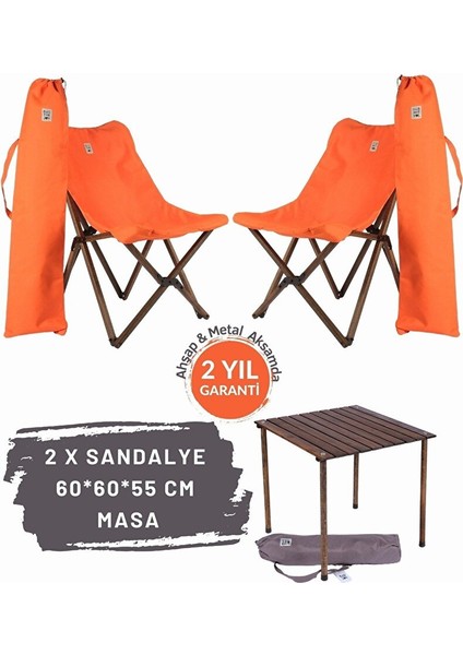 Ahşap Katlanır Masa Sandalye Seti Antrasit Iskelet Turuncu Kılıf -60X60X55 Masa