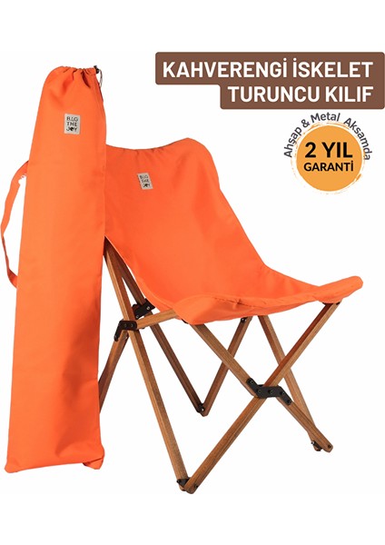 Ahşap Katlanır Kamp & Bahçe Sandalyesi – Kahverengi Iskelet - Turuncu Kılıf