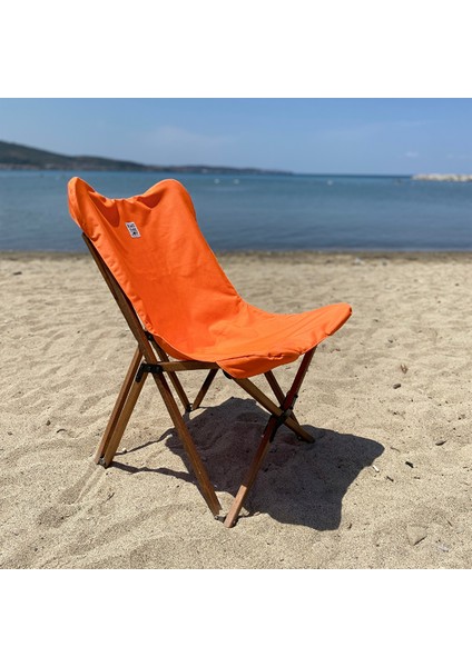 Ahşap Katlanır Kamp & Bahçe Sandalyesi – Kahverengi Iskelet - Turuncu Kılıf